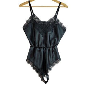 Bodychic Satin Teddy Lingerie Black Large Adj Lace Trim Snaps USA Made Vintage
